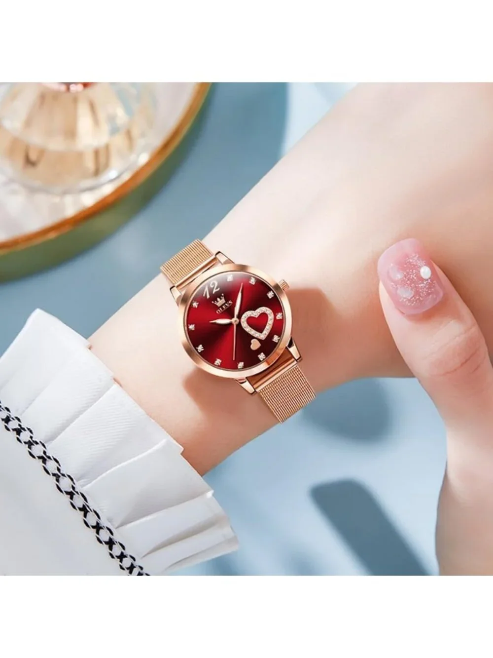 Women's Red Mesh Strap Fashion Dress Hearts Quartz Bracelet Sets Ladies Watch
